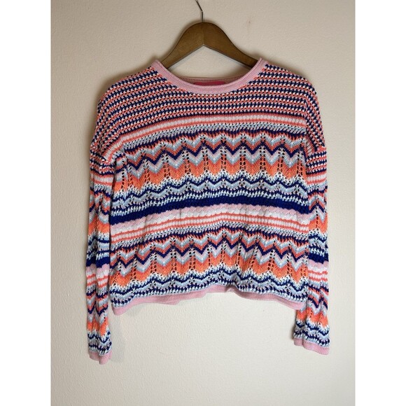 Lilly Pulitzer S Samora Knit Sweater Chevron Pink Crochet Open Knit Cotton Crop - Picture 2 of 5